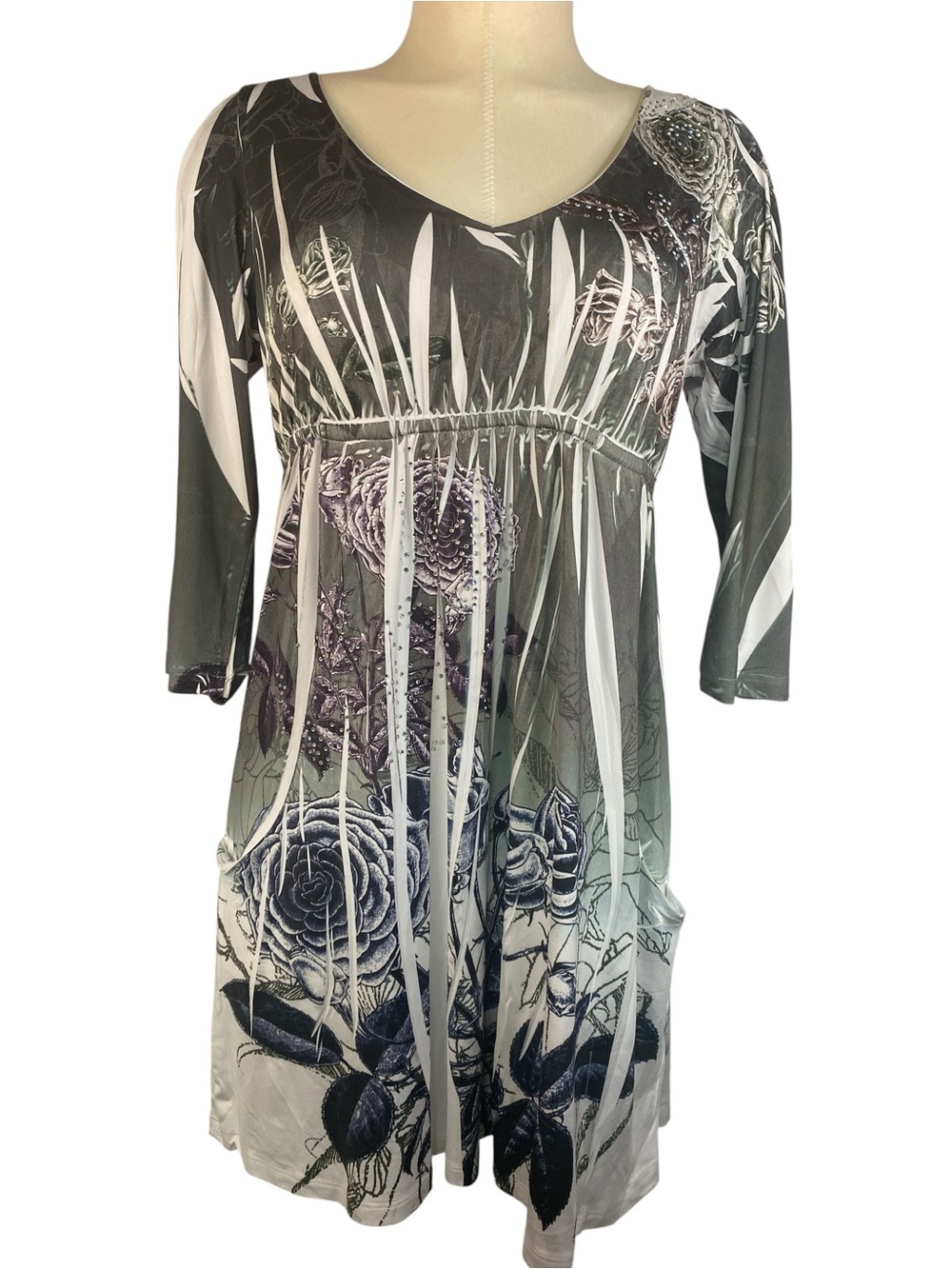 Vocal USA Floral V-Neck 3/4 Sleeve Tunic Dress in Green and Gray Women’s XL